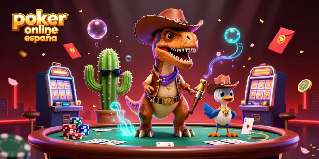 Poker online España: Juega en una mesa con personajes animados y fichas brillantes.