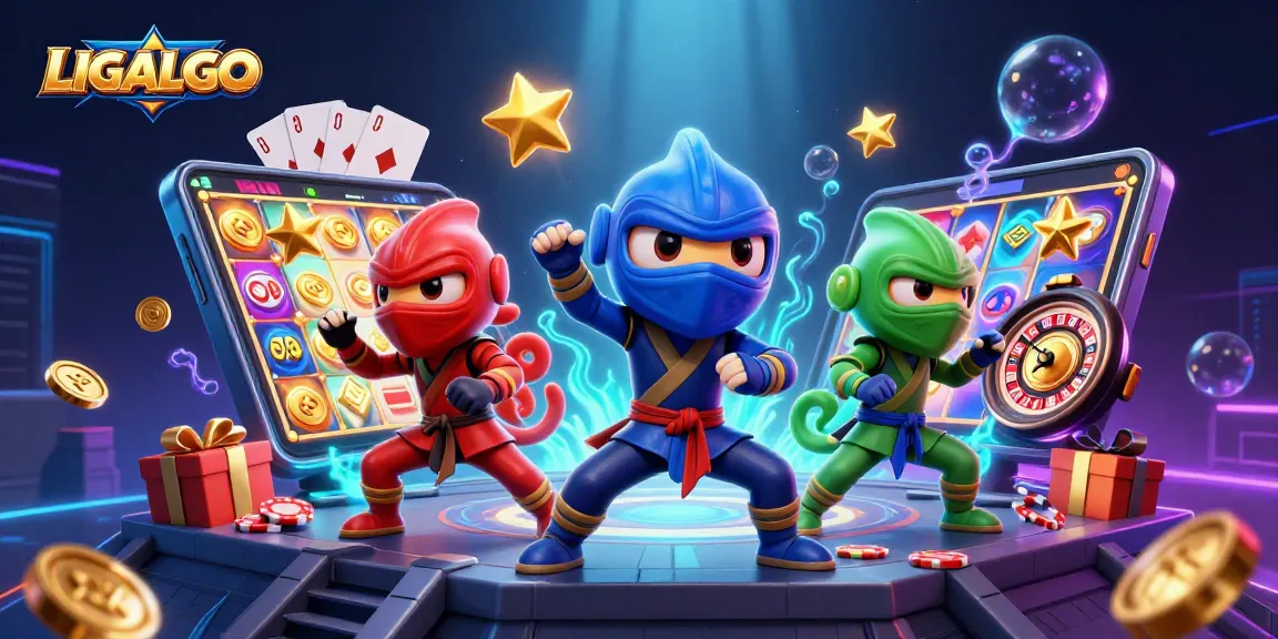LIGALGO's ninja chameleon trio engages in dynamic martial arts under a dazzling casino scene.