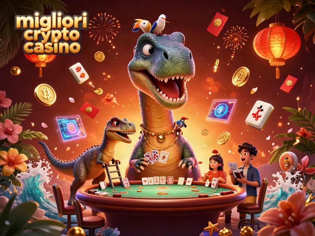 I migliori crypto casino presentano una scena di divertimento con un brontosauro gigante e un raptor che distribuisce carte.