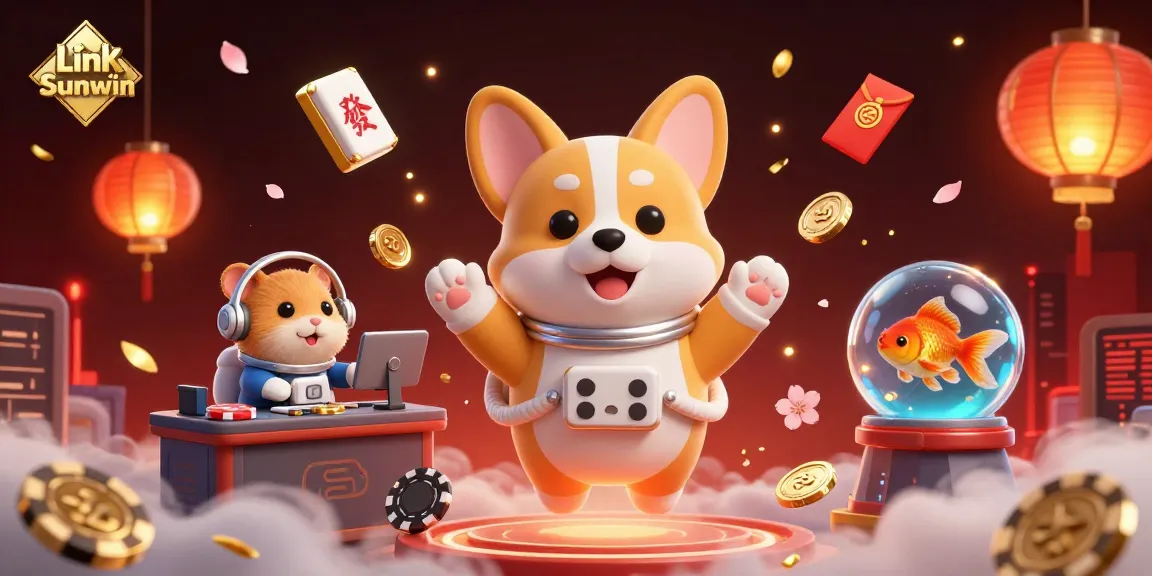 Experience thrilling gaming action at Link Sunwin with dynamic 3D characters and casino elements in a vibrant digital illustration.
