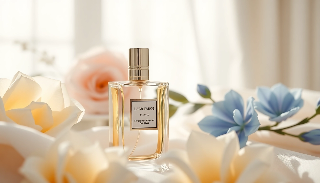 Showcasing an elegant perfume bottle as an Aventus alternative, styled with fresh flowers and luxury aesthetics.