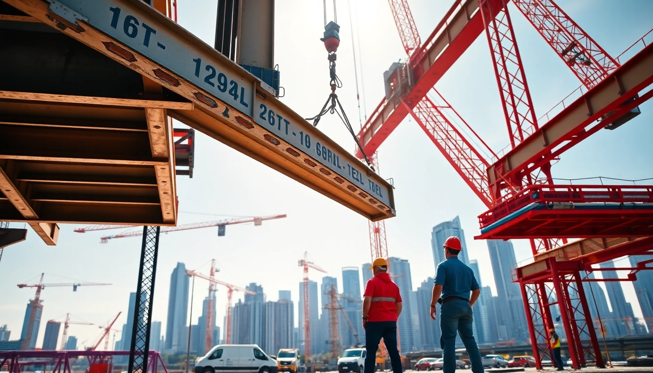 Engaged workers in structural steel construction collaboratively assemble steel beams on-site.