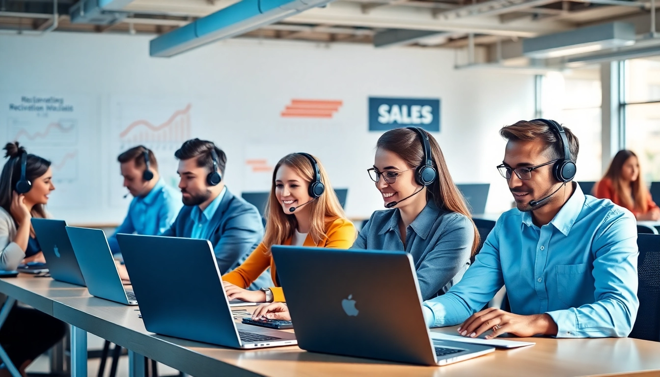 Hire inside sales reps collaborating in a vibrant office setting with laptops and headsets.