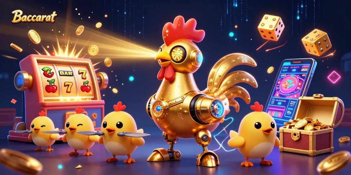 Baccarat game scene featuring a golden rooster robot and baby chick drones amidst a jackpot explosion of coins.