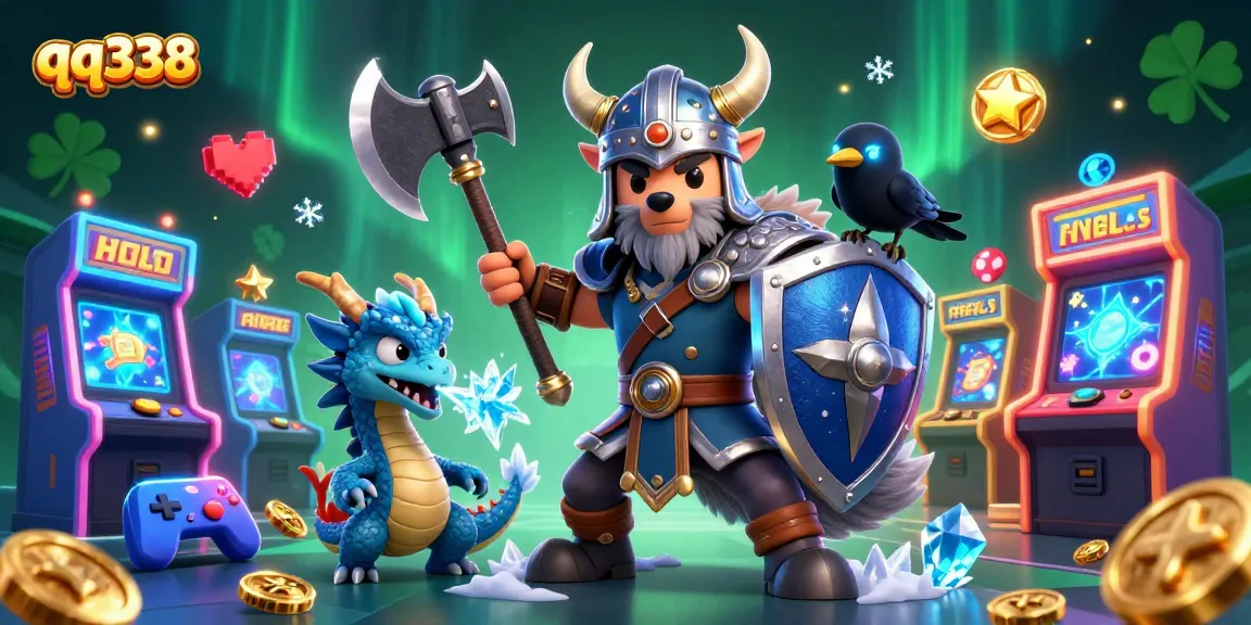 Engage with qq338's ultimate offline gaming experience, featuring an epic Viking wolf warrior and dynamic game elements.