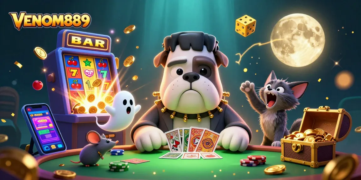 Join the thrilling action at VENOM889 with a spooky card table, a slot machine, and rich casino game features.