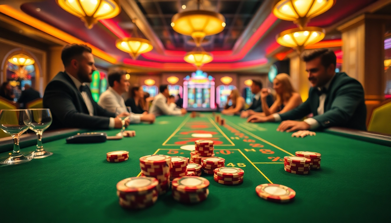Besucher, die beim casino spielen am Tisch voller Chips und Karten konzentriert sind.