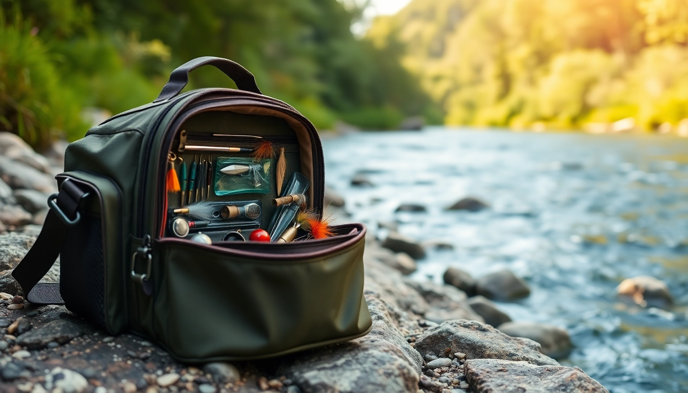 Explore a stylish fly fishing bag with organized gear by the riverbank.