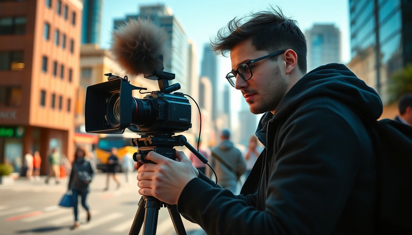 Videographer capturing a lively urban scene with professional equipment, showcasing artistry.