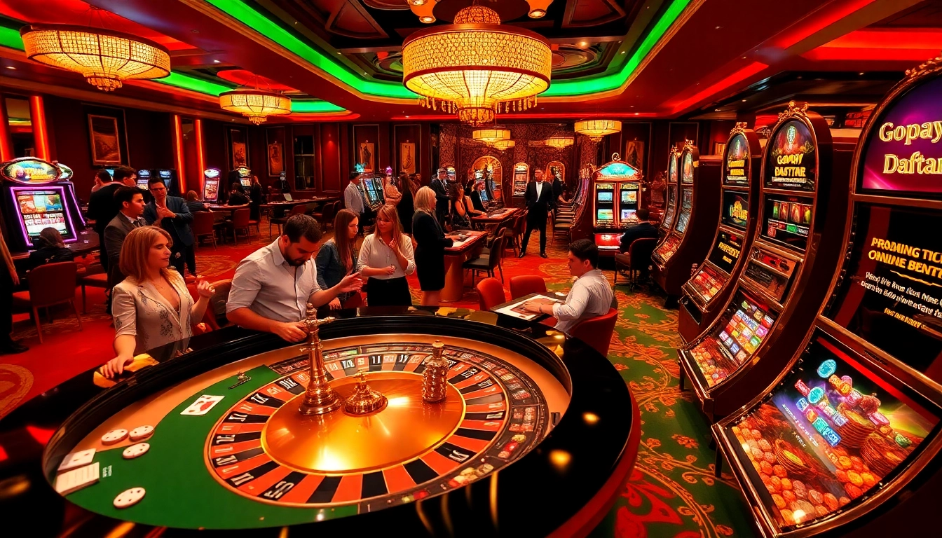 Excited gamblers engaging with Gopay88 Daftar at casino tables with vibrant slot machines.