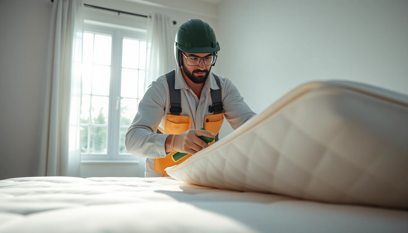 Effective bed bug removal by a pest control technician in a cozy bedroom setting.