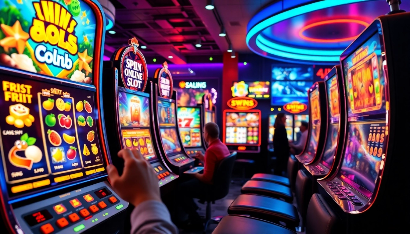 Mainkan slot online dengan mesin slot berwarna cerah dan pemain yang bersemangat.