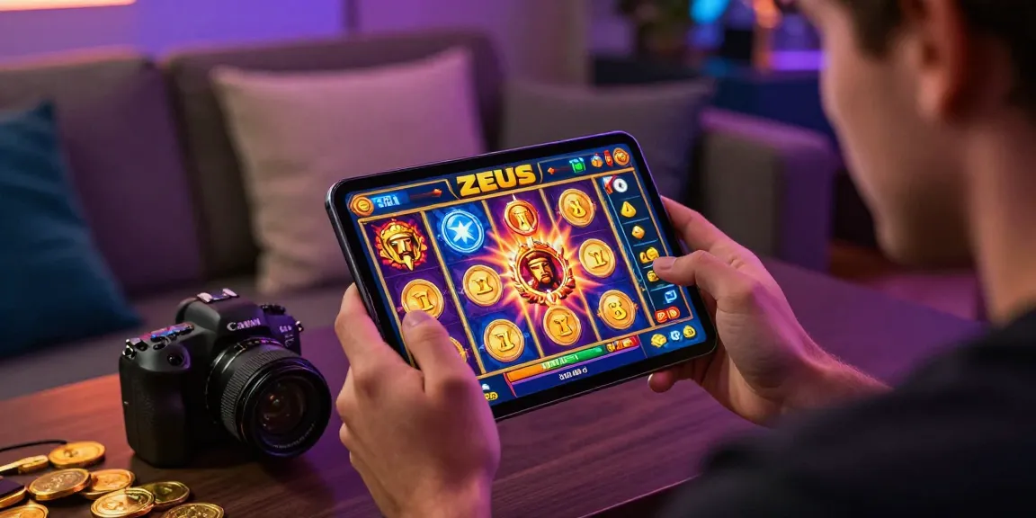 Engaged player enjoying slot zeus gaming on a smartphone in a cozy gaming corner.