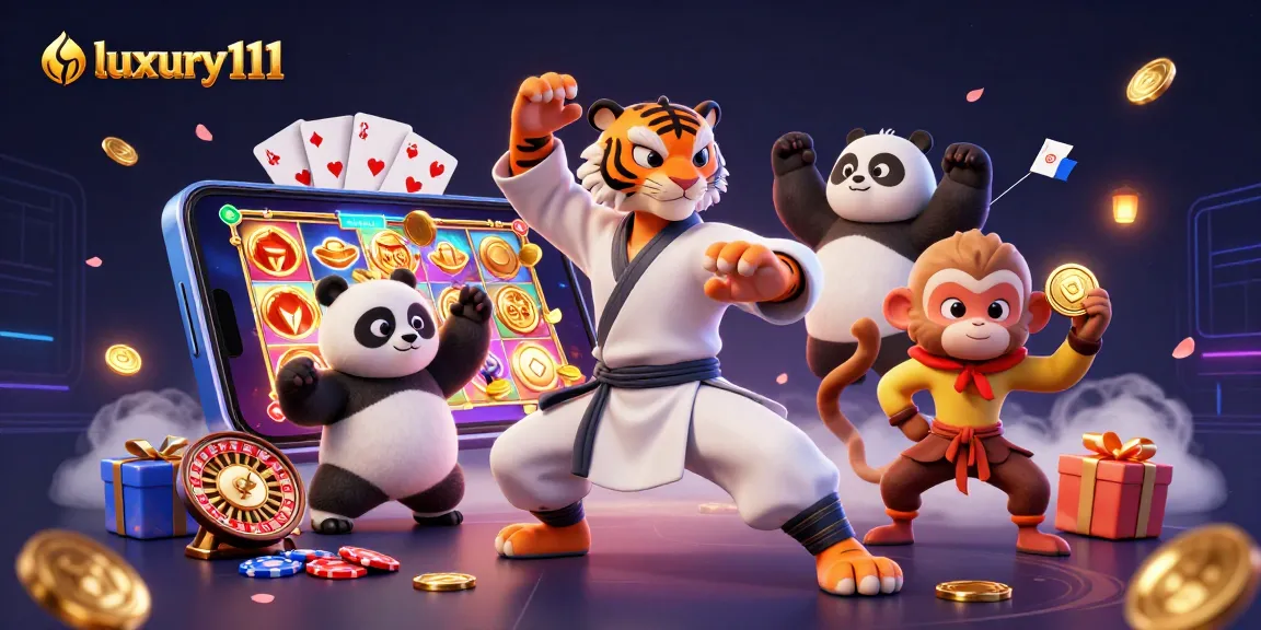 luxury111 offers an exciting scene where a kung fu tiger master teaches a panda disciple while a monkey steals a golden medal, enhancing the casino experience.