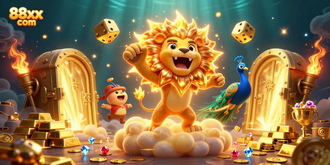 Experience excitement with 88xx com's vibrant casino illustration showcasing thrilling elements and golden treasures.
