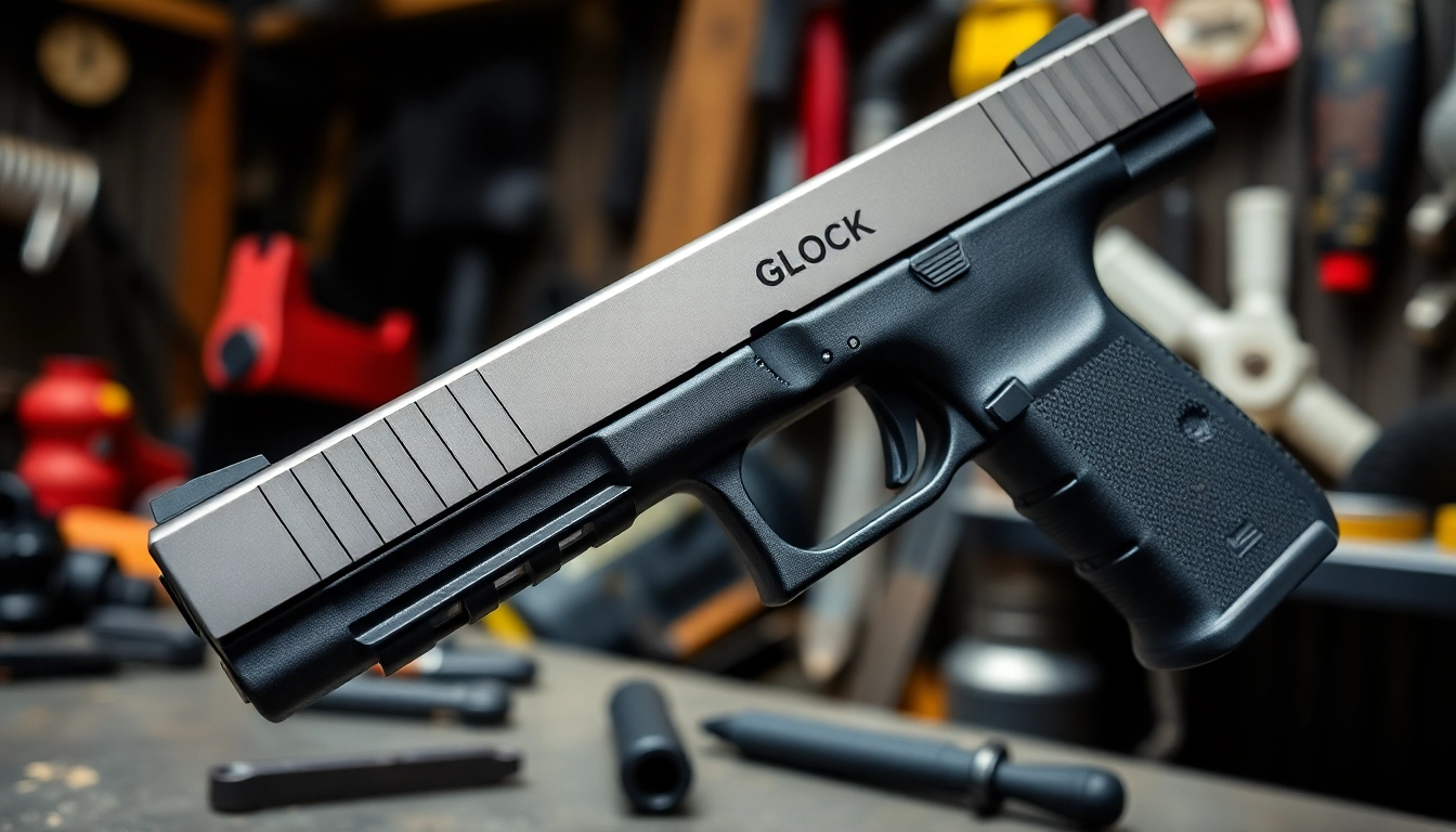 Buy Glock 19 Gen 3 slide showcasing its quality and craftsmanship in a workshop setting.