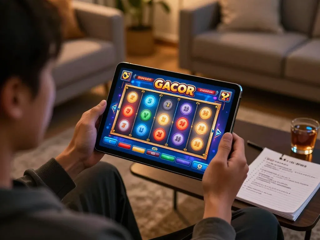 Berinteraksi dengan permainan slot gacor di tablet dalam suasana rumah yang nyaman, menampilkan gameplay yang berwarna-warni.