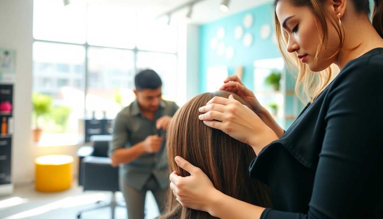 Applying sew in weft hair extensions with precision in a modern salon setting.