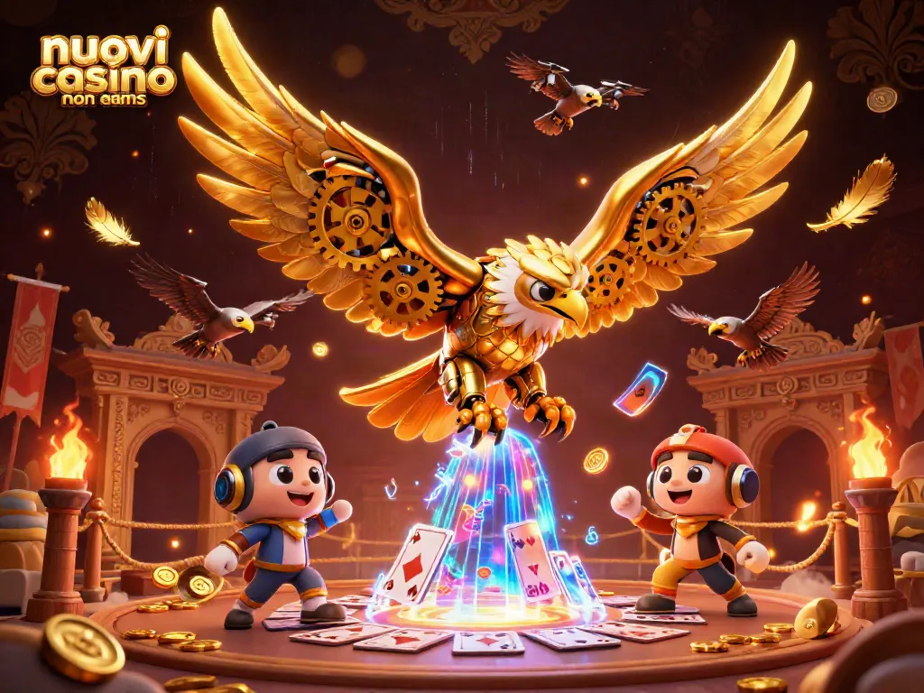 I migliori nuovi casino non AAMS presentano un'illustrazione vivace con aquile dorate tra carte e simboli di gioco.