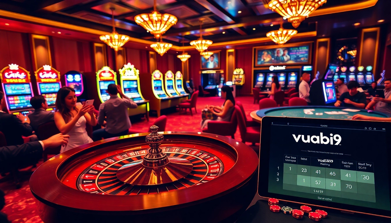 Excited players engage in thrilling games at vuabai9's luxurious casino.