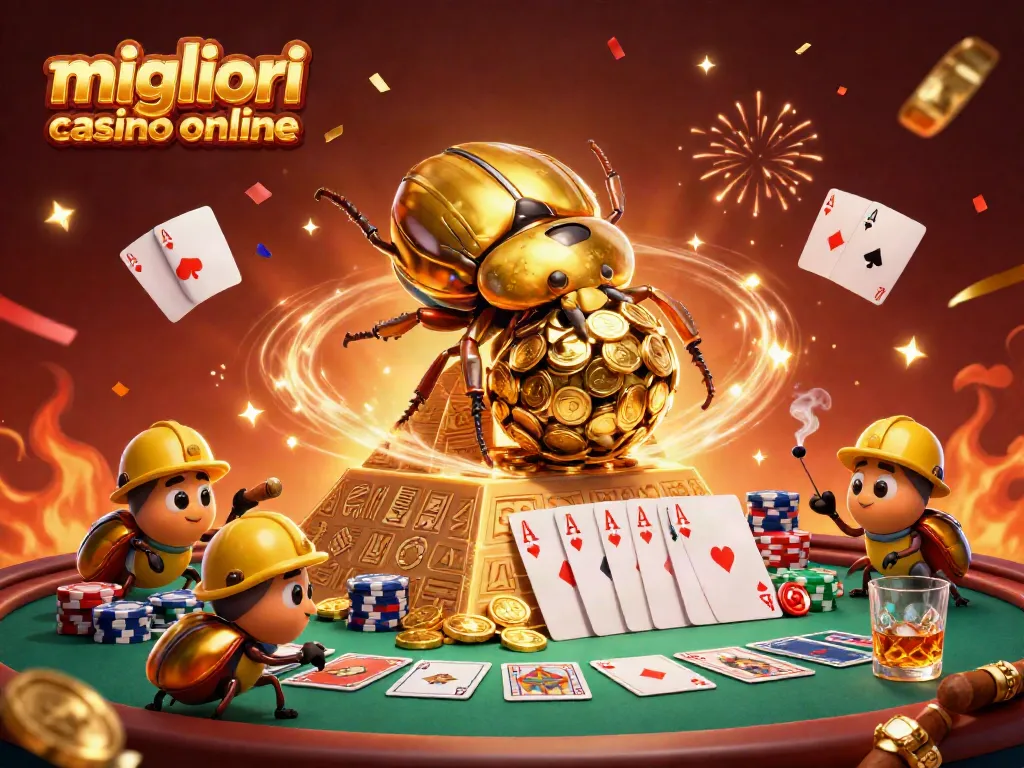 I migliori casino online con illustrazione di uno scarabeo d'oro e simboli di gioco d'azzardo.