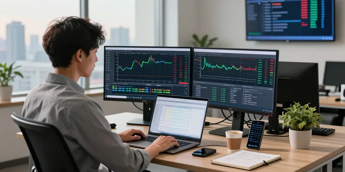 Trader utilizing MetaTrader 5 platform in a modern office setting with multiple screens.