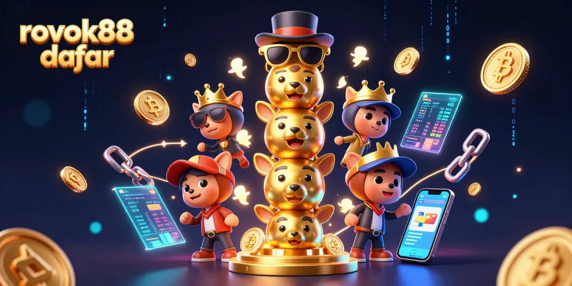 Play exciting games with rokok88 daftar, featuring a vibrant scene of a golden totem pole surrounded by crypto coins.