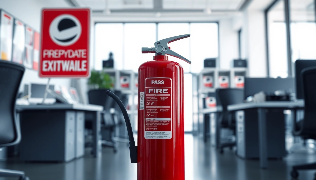 Ensure safety with a prominent pass fire extinguisher displayed in a modern office environment.
