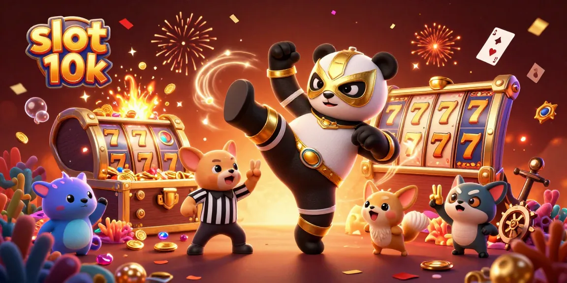 Experience the thrill of slot 10k with cartoon panda wrestlers amid vibrant celebration elements.