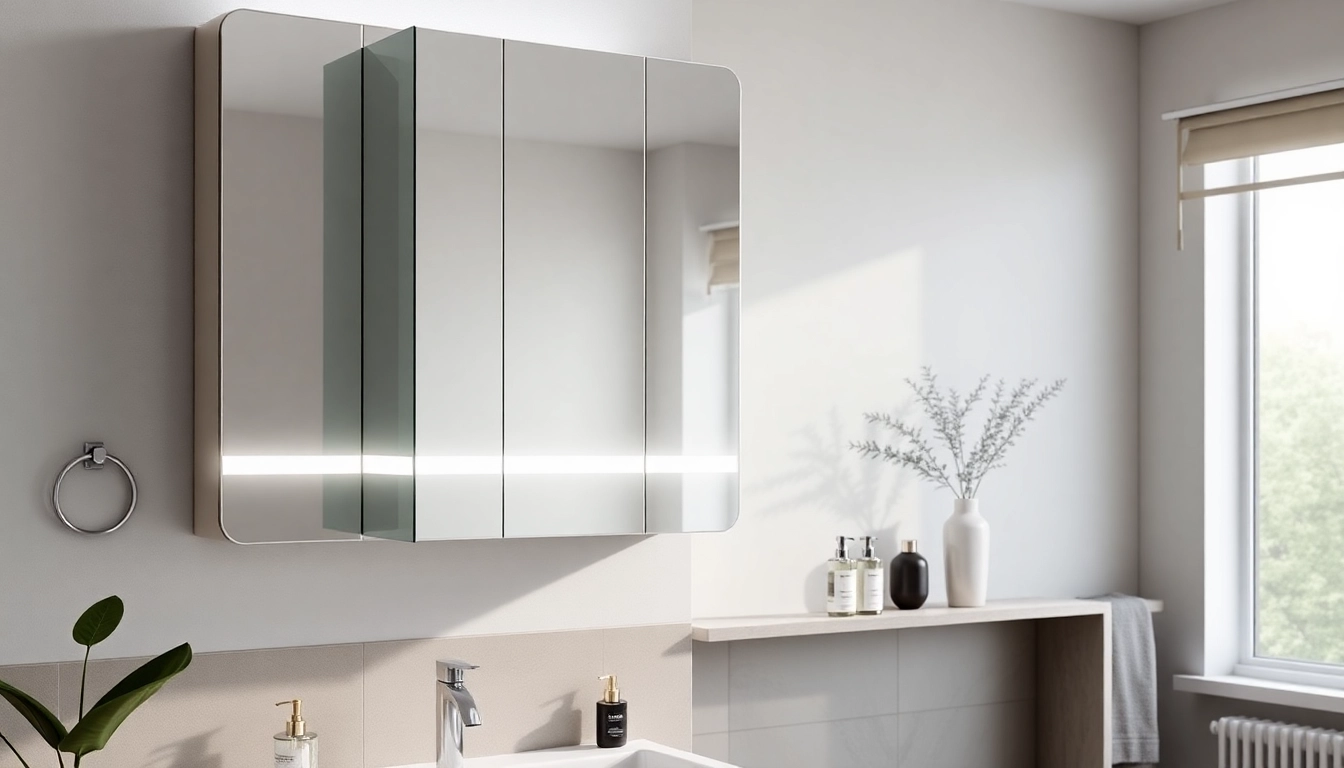 Showcasing a bathroom cabinet with mirror and light featuring sleek design and integrated LED lighting.