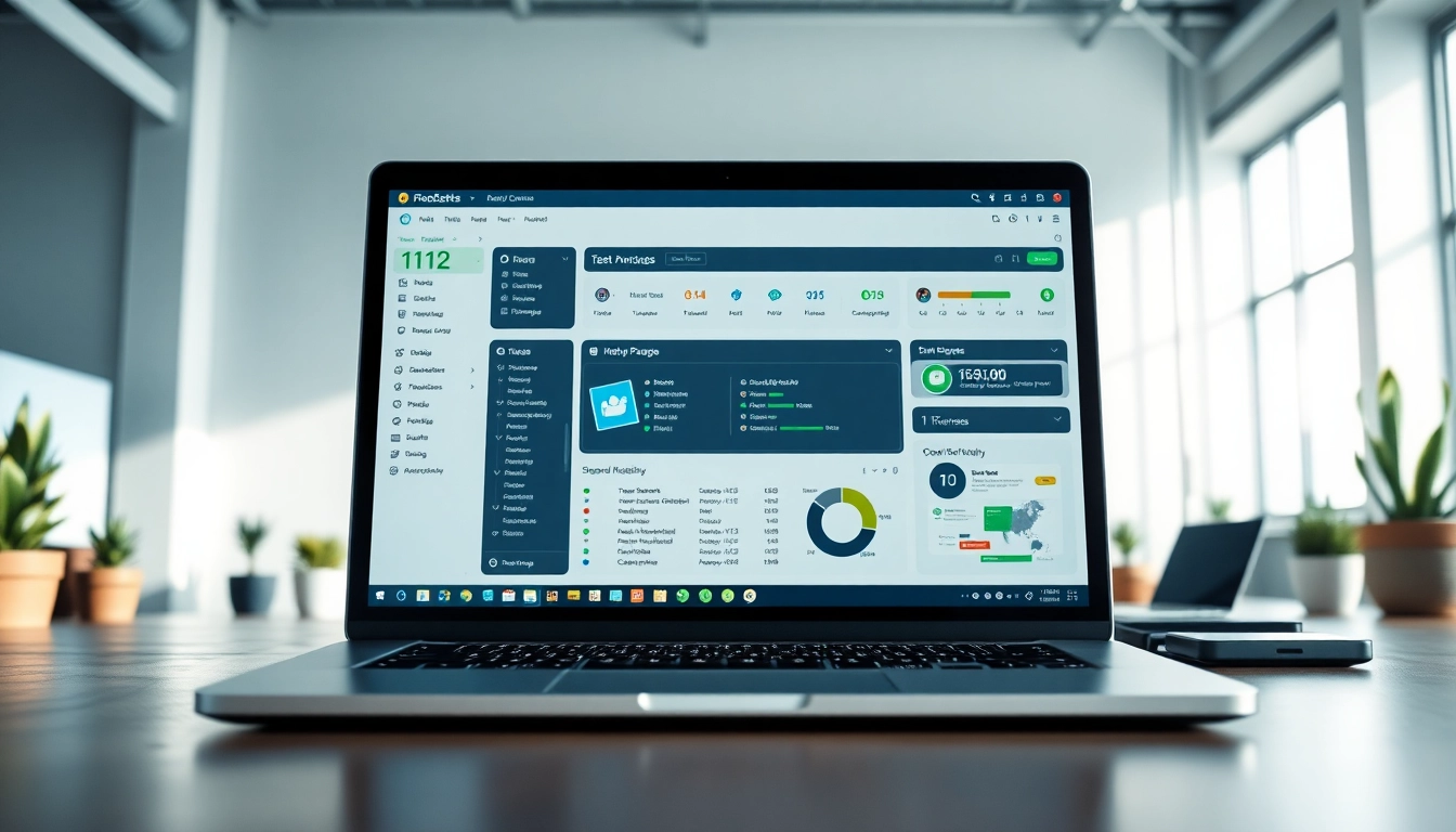 Showcasing a modern test automation tool interface on a laptop in a vibrant office setting.