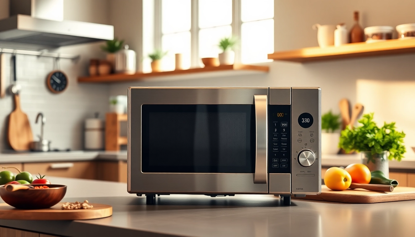 Microwave Oven on a modern countertop surrounded by fresh ingredients and kitchen tools.