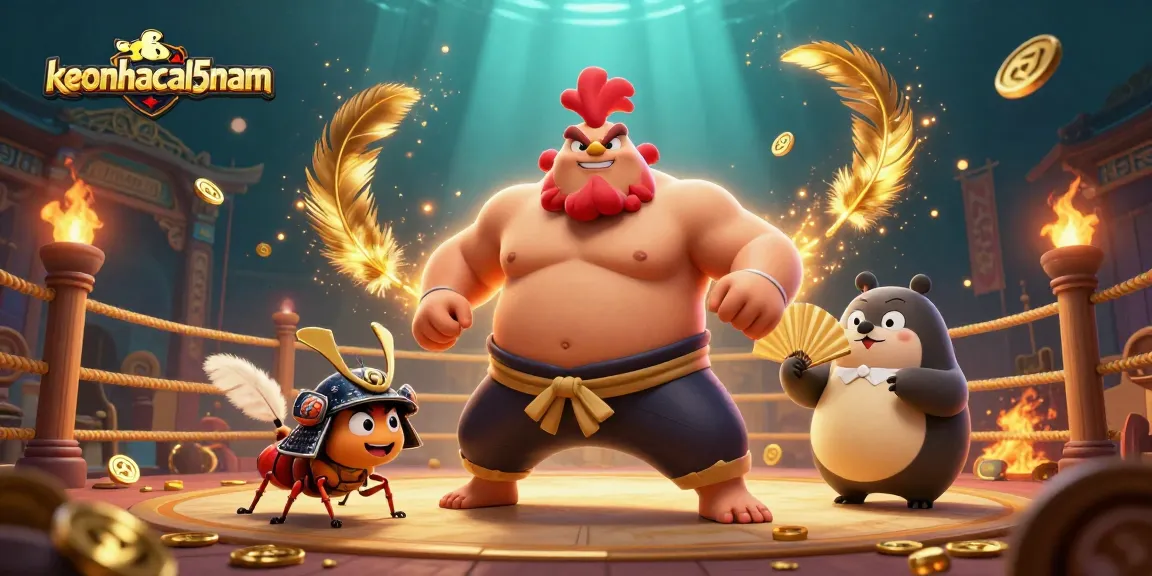 Experience keonhacai5nam excitement with a powerful sumo rooster and samurai cricket in a vibrant gambling arena