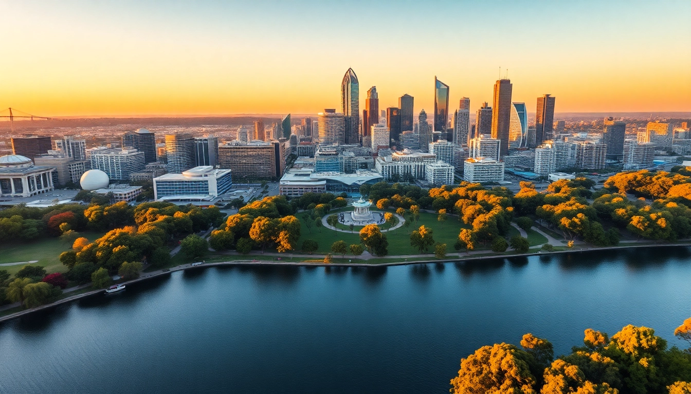 Showcase Perth, western australia capital, with its skyline and Swan River at sunset.
