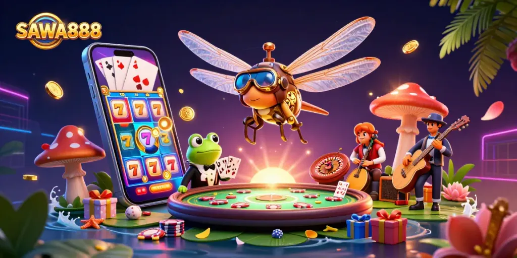 SAWA888 showcases a vibrant scene with a dragonfly pilot and frog croupier playing games at a casino.