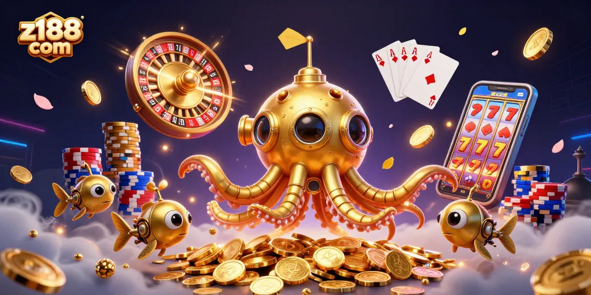Engage with z188 com's vibrant 3D illustration showcasing a golden kraken submarine amidst casino elements.