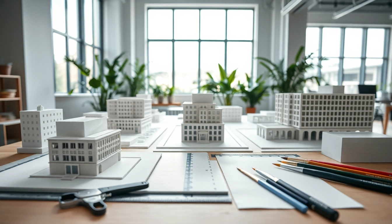 Präzise Architekturmodellbau Essen mit kreativen Arbeitsbereichen und großen Modellen.