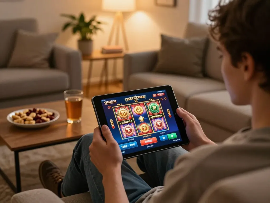 Playing giochi casino gratis senza registrazione on a tablet in a cozy living room with snacks.