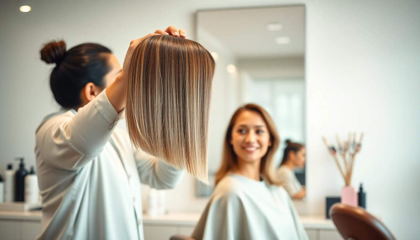 Professional stylist providing haircut at salon coafura bucuresti with modern decor and bright atmosphere.