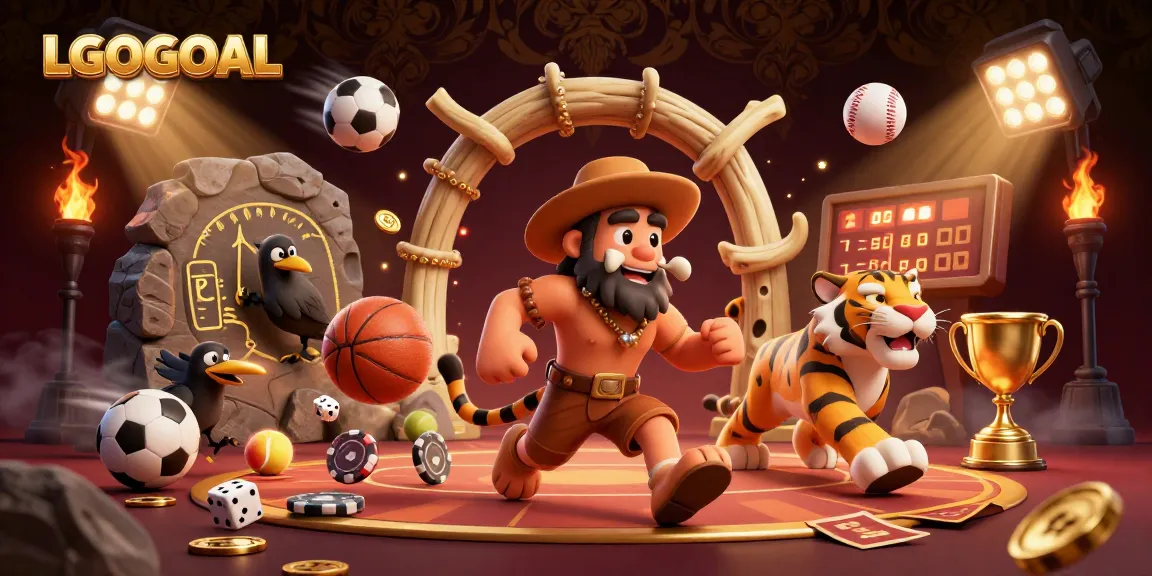 Experience the thrill of LGOGOAL with energetic caveman casino fun, showcasing sports balls and golden rewards.