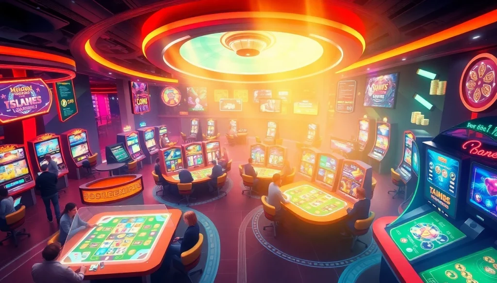 Menampilkan suasana kasino dinamis dengan permainan agen toto yang menarik dan pemain antusias.