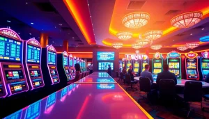 Menangkan slot online di kasino modern dengan mesin slot cerah dan pemain yang menikmati permainannya.