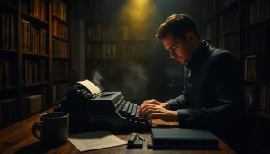 Thriller author engaged in writing with a vintage typewriter in a mysterious setting.