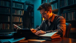 Thriller author engaged in writing, surrounded by suspenseful novels and a dramatic atmosphere.