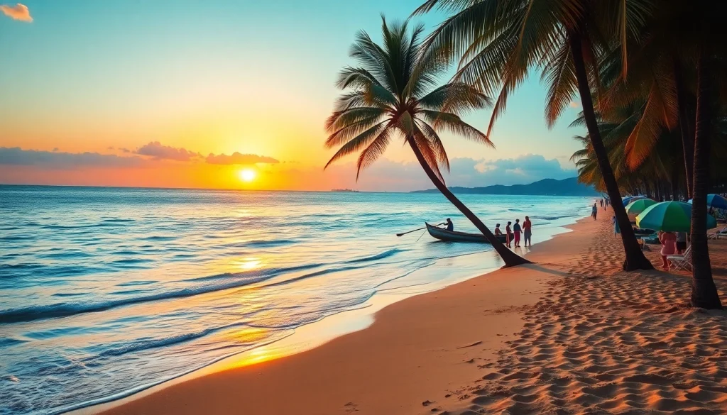 Cena de praia tranquila em Paripueira, Alagoas, ao pôr do sol, destacando areias douradas e palmeiras.