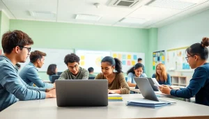 Students collaborating in a bright classroom focused on Education activities and projects.