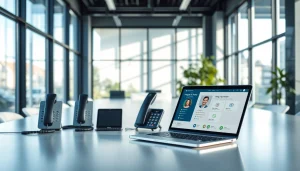 Showcase of a digital landline provider in a modern office setting with VoIP technology.