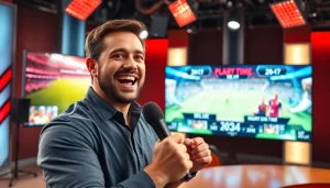 스포츠중계 생중계를 진행하는 해설자의 모습, 전문적이고 흥미로운