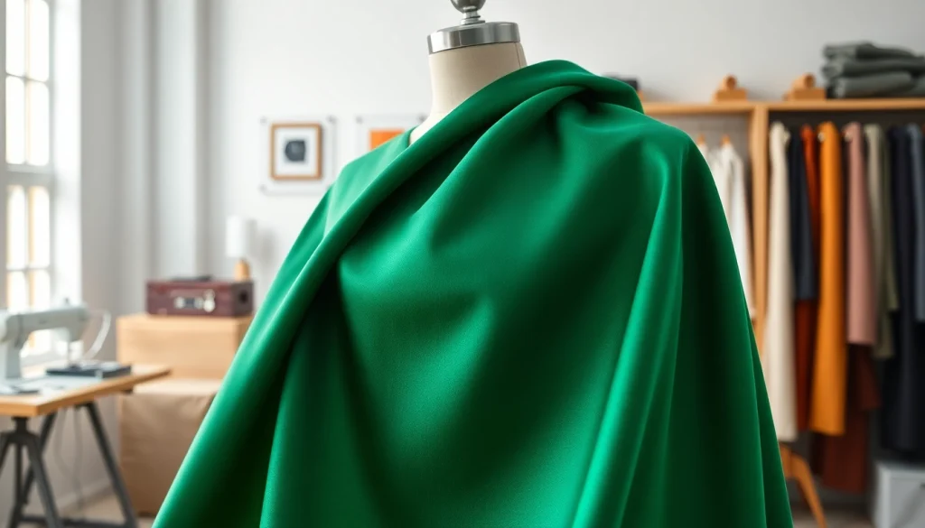 Punta di Roma stof op mannequin met een rijke groene en blauwe kleurstelling.