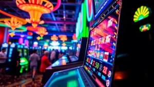 Menampilkan slot yang berkilau di mesin judi modern dalam suasana kasino yang ramai.